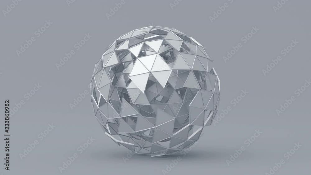 Abstract 3d rendering of geometric shape. Modern looped animation background with polygonal sphere. Seamless motion design. 4k UHD