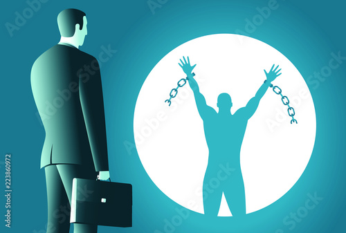 The businessman looks at his shadow. Businessman shadow breaks the chain and free himself. Financial freedom concept. Business concept vector illustration
