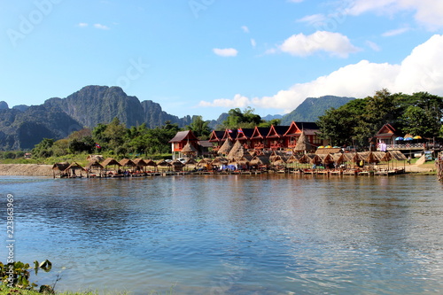 Vang Vieng, Laos - January 1, 2016 : Travel Song River, The river clear and mountain view beautiful and blue sky