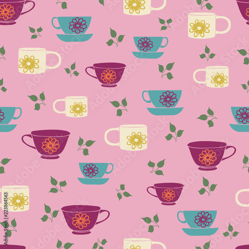 seamless pattern with leaves and cups