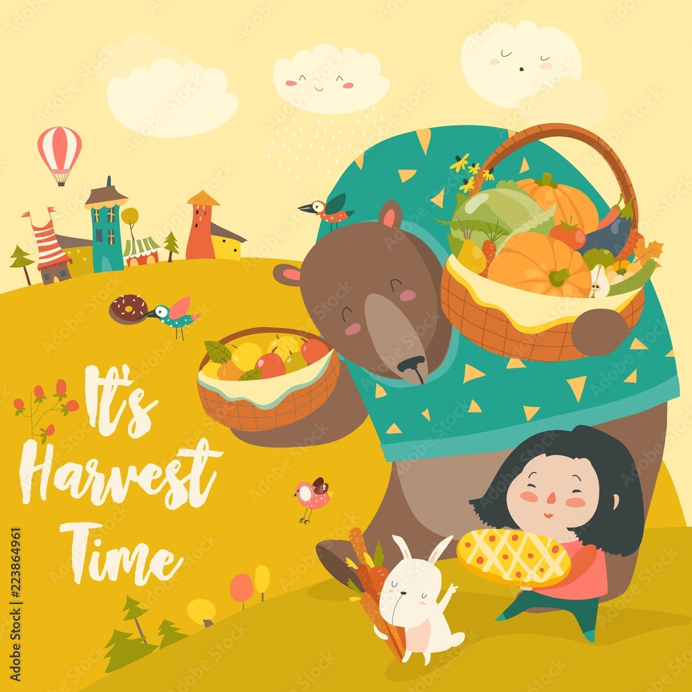 Obraz premium Funny bear, bunny and cute girl harvesting