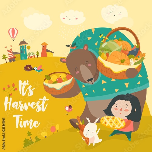 Funny bear, bunny and cute girl harvesting