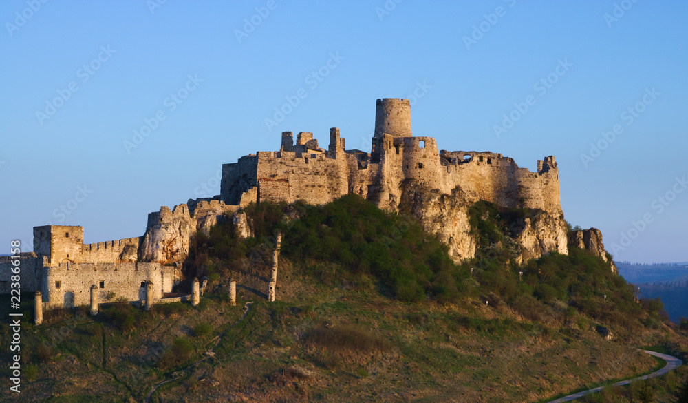 Tight southeastern view of the Spis castle in the morning in early spring with clear sky