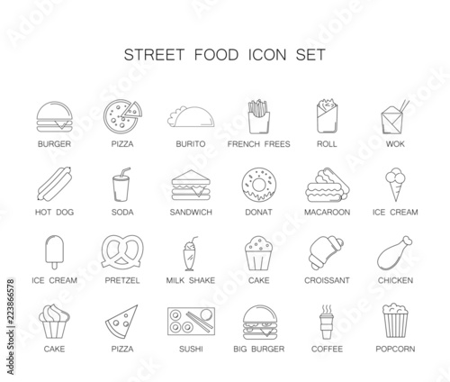 Street food icon set. Line icon vector. 