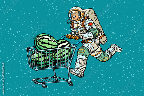 Astronaut buys watermelons. shopping cart trolley sale