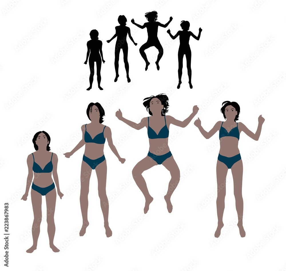 Set of realistic flat colored illustration of a jumping woman in bikinis