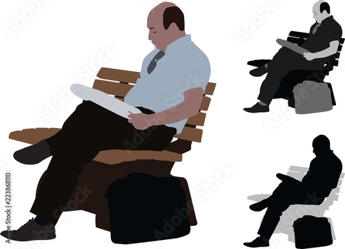 Realistic flat colored illustration of a businessman sitting a bench