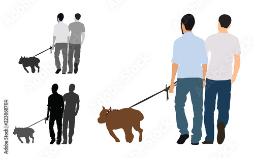 Realistic colored illustration of two men walks a staffordshire bull terrier dog
