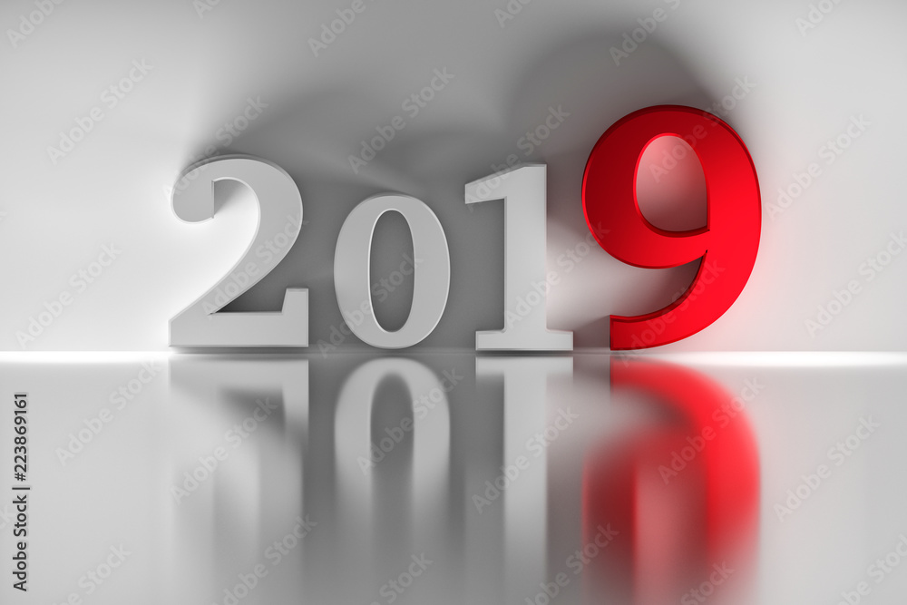 New Year greeting card - 2019 year white and red numbers on white reflective background. 3d illustration. New Year greeting card - 2019 year white and red numbers on white reflective background. 3d illustration.
