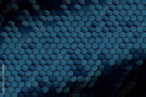 Hexagonal honeycomb pattern. Even geometric patter with hexagons of various shades of dark blue. 3D illustration.
