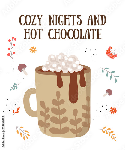 Vector postcard with hot drink in flat design