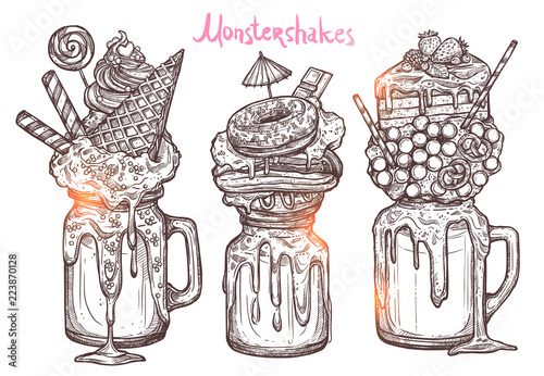 Monstershakes In Graphic Sketch Style. Freak And Crazy Milkshakes. Hand Drawn Creative Dessert