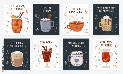 Vector postcard collection with hot drinks and cozy slogan in flat design. Hot chocolate  coffee  cocoa with whipped cream and marshmallow  mulled wine