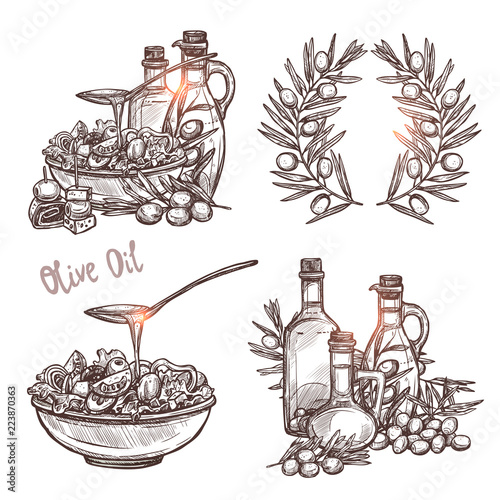 Olive Oil Sketch Set. Four Monochrome Olive Oil Concepts In Hand Drawn Style