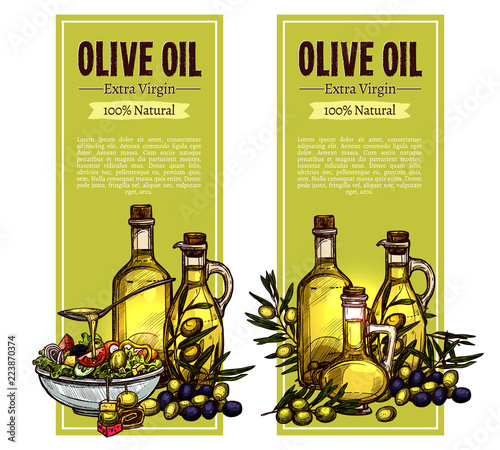 Olive Oil Sketch Vertical Banner Design. Hand Drawn Illustration With Olive Oil Still Life
