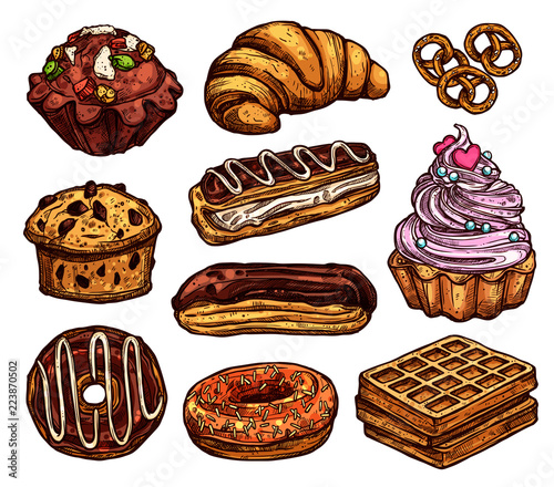 Sketch Collection Of Bakery Products, Dessert And Sweets. Hand Drawn Colorful Set With Cake, Cupcakes, Muffins And Waffle