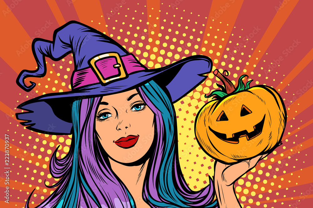 happy Halloween witch with pumpkin