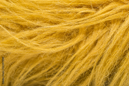 Yellow soft natural animal wool texture background. Skin wool. Close-up texture of white fluffy fur. Red plush
