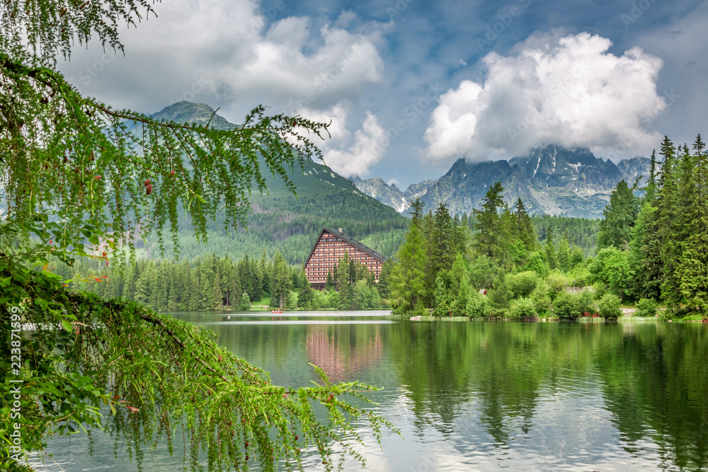 Breathtaking mountain lake in Strbske Pleso in summer