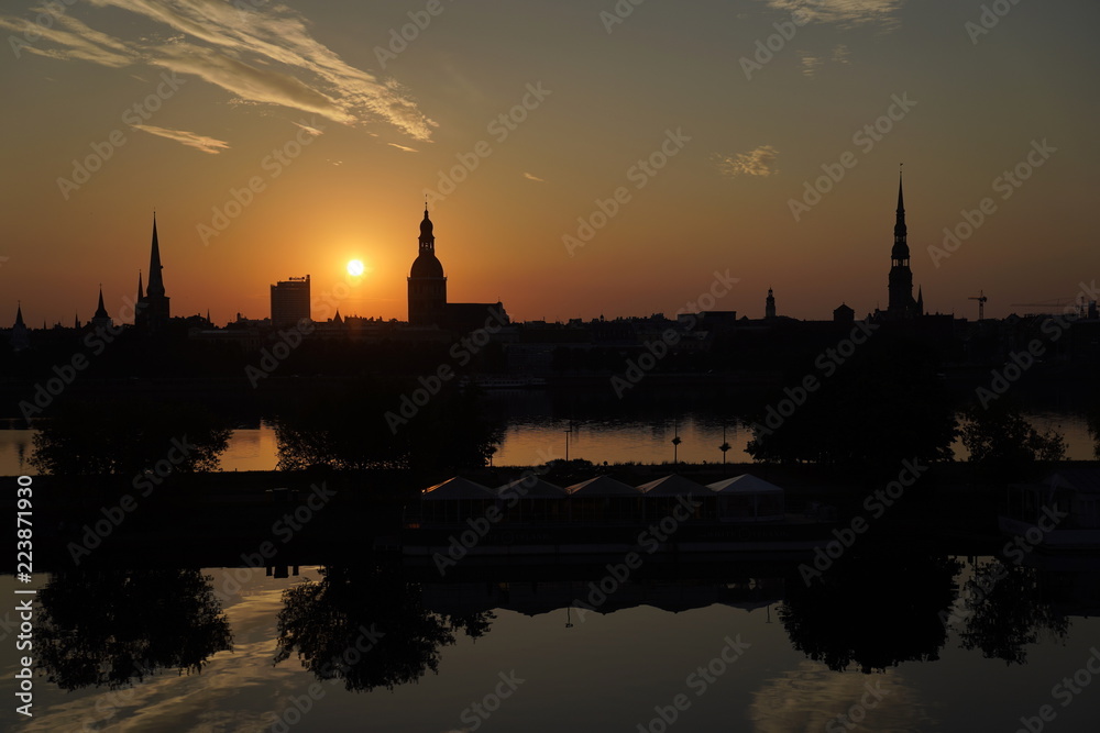 Beautiful view at the landscape of Oldtown  Riga, Latvia across the Daugava River at dawn