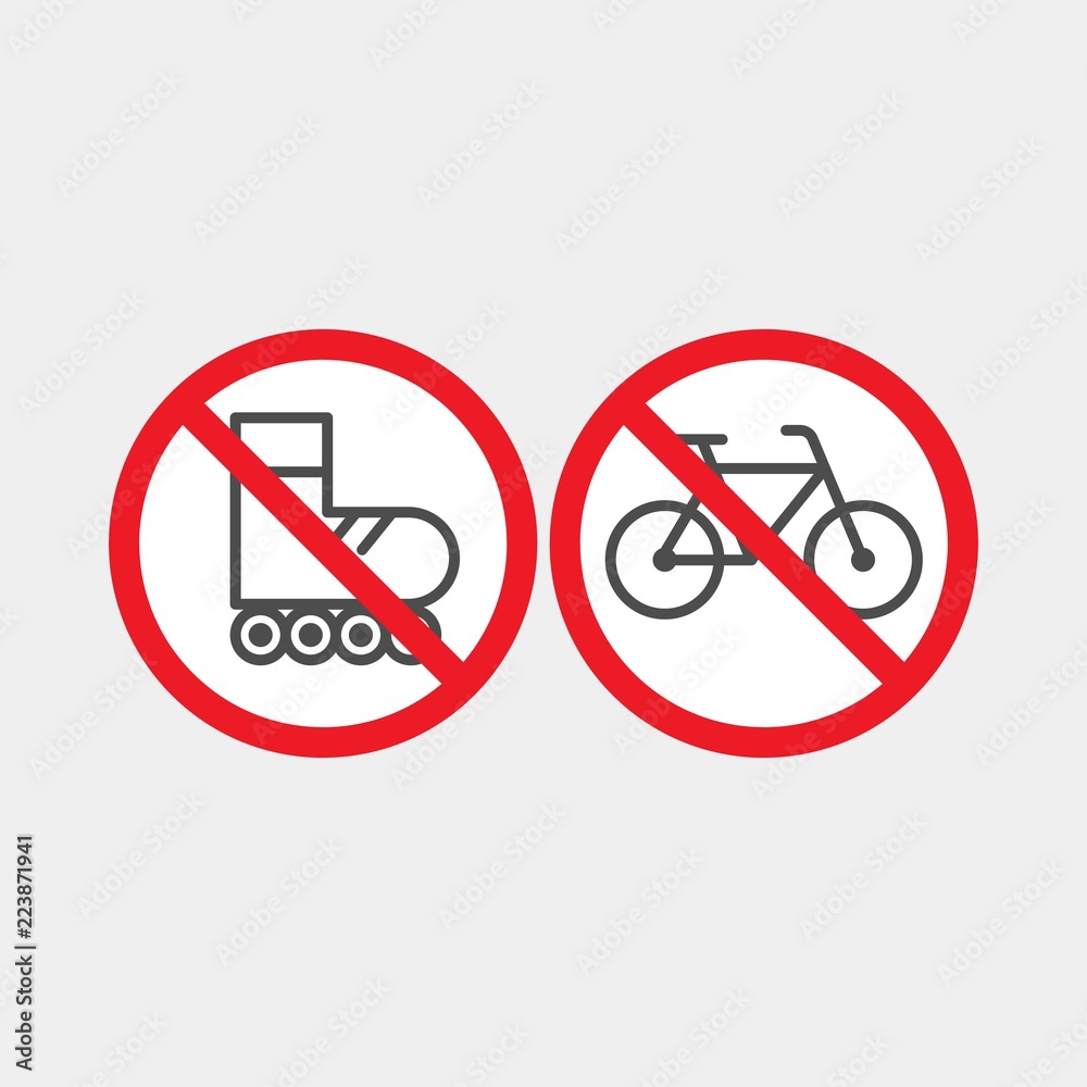 No bicycle flat vector sign. Bicycle is prohibited flat vector icon. Roller skating is prohibited sign. No roller No bicycle flat vector sign. Bicycle is prohibited flat vector icon. Roller skating is prohibited sign. No roller