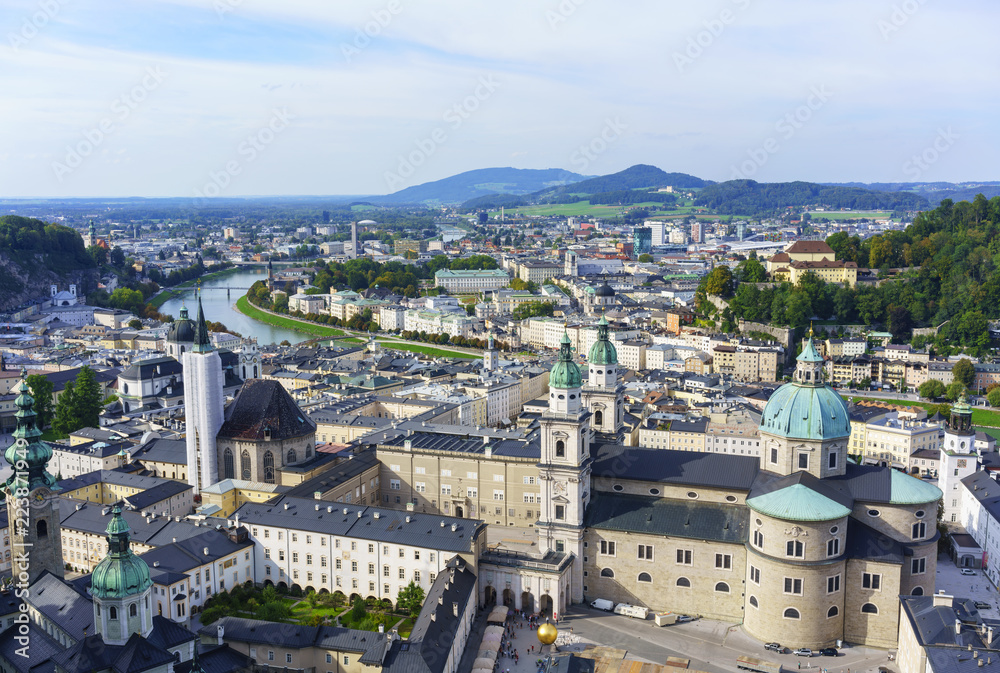 Gorgeous view of Salzburg city viewing the historic centre , Salzburg Cathedral and Salzach river , listed as a UNESCO World Heritage Site , from Hohensalzburg Fortress , Austria