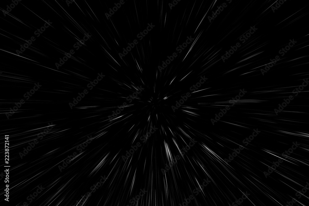 Obraz premium Bokeh white lines on black background, abstraction, abstract speed light motion blur texture, particle or space traveling, black and white extrusion effect