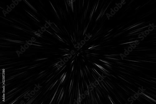 Bokeh white lines on black background, abstraction, abstract speed light motion blur texture, particle or space traveling, black and white extrusion effect