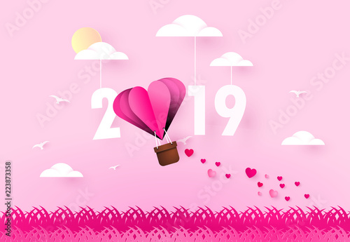 Happy new year 2019. Heart air balloon. Love theme