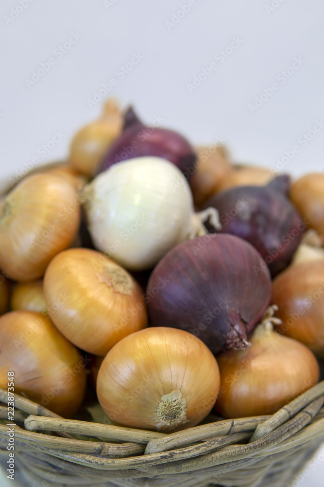 Yellow, red, white, ripe onions in a basket.