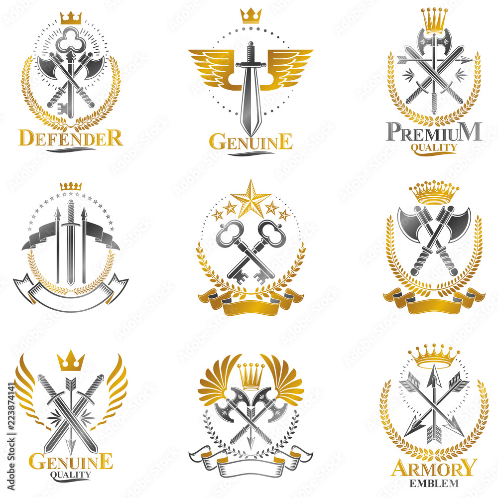 Vintage Weapon Emblems set. Heraldic coat of arms decorative emblems collection.