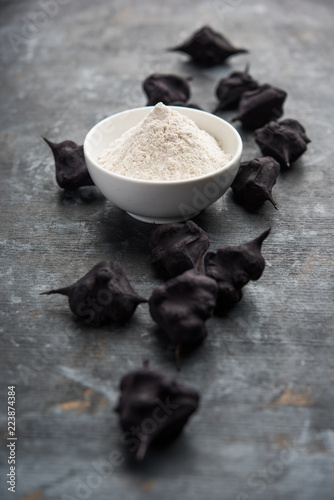 cooked Water chestnut with flour or powder, also known as singada/singara or shingada peeth, selective focus photo