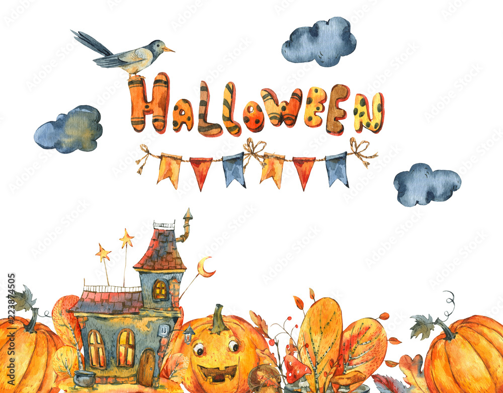 Watercolor Halloween illustration, Black old house, Pumpkin
