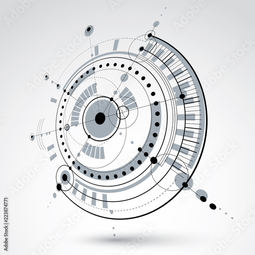 Geometric technology 3d vector drawing  grayscale technical wallpaper. Dimensional abstract scheme of engine or engineering mechanism.