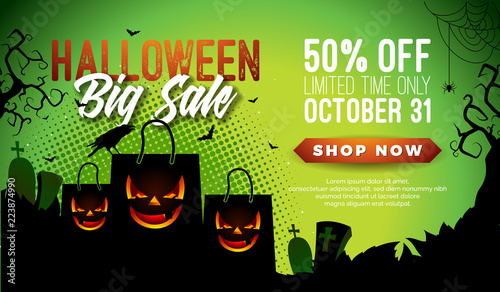 Halloween Sale vector banner illustration with scary faced shopping bag, crow, bats and cemetery on green background. Holiday design with typography lettering for offer, coupon, celebration, voucher