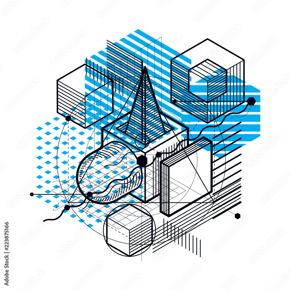 Abstract 3d shapes composition, vector isometric background. Composition of cubes, hexagons, squares, rectangles and different abstract elements.