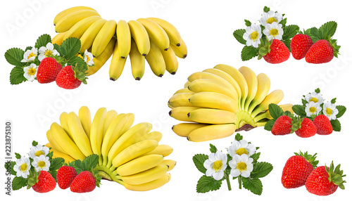 Bananas and strawberries isolated on white.