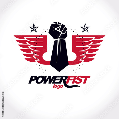 Vector illustration of a clenched fist raised up. Boxing club abstract emblem can be used as tattoo.