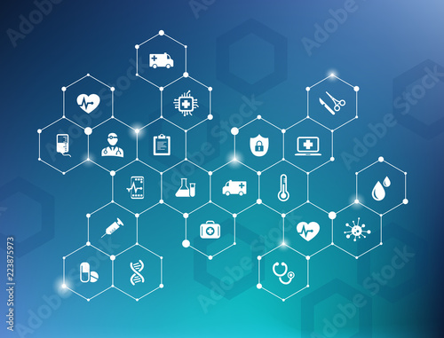 electronic healthcare vector illustration – e-health concept with connected white icons on blue background