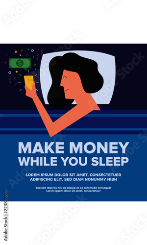 Passive Income Concept. Earn Money template for banner/ad/flyer/blog/poster. Vector Illustration of a happy girl in bed looking into her smartphone. 