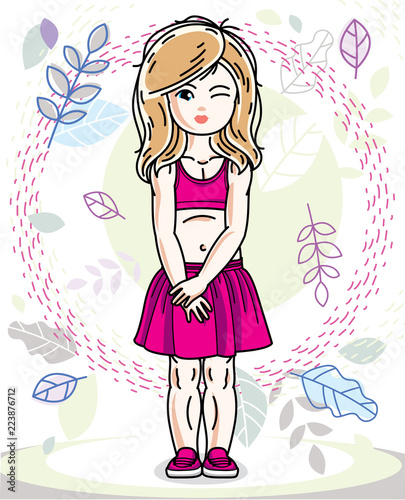 Beautiful little blonde girl posing on natural autumn backdrop with leaves. Vector kid illustration.
