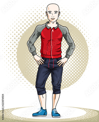 Handsome hairless young man posing. Vector illustration of sportsman. Work out and training theme.