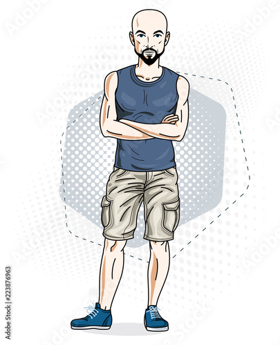Confident athletic handsome hairless young man standing. Vector illustration of male wearing casual clothes, jeans shorts and singlet.