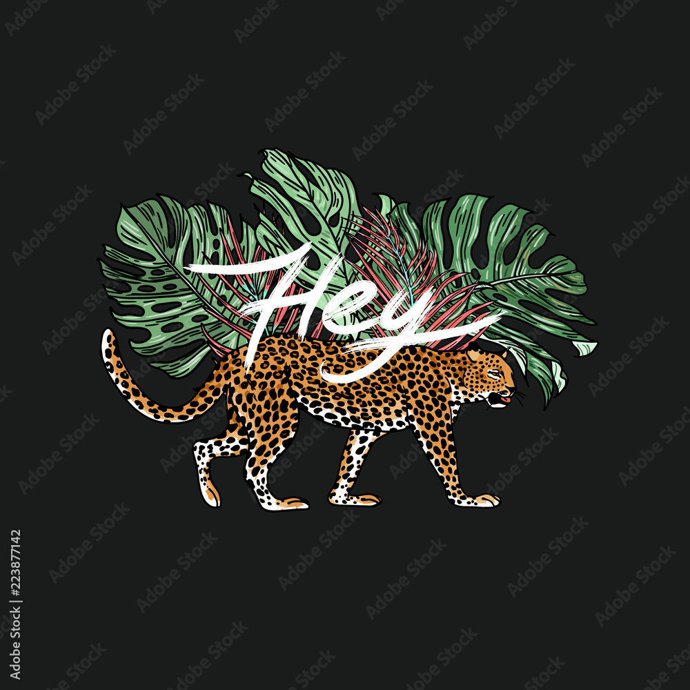 Naklejka premium Hey slogan. Leopard with palm tree. Typography graphic print, fashion drawing for t-shirts. Vector stickers,print, patches vintage