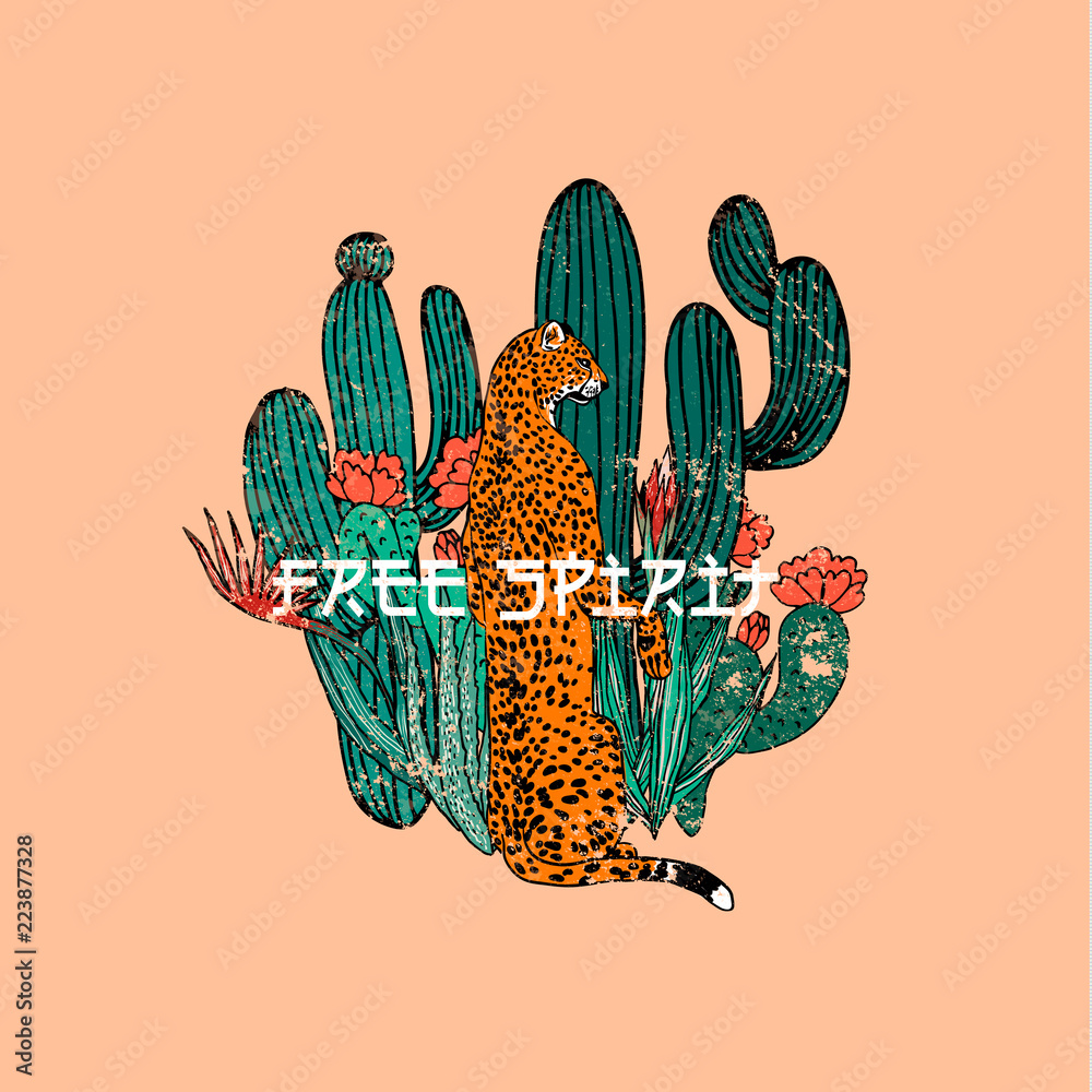 Naklejka premium Hasło Free Spirit.Leopard z kaktusem. Druk graficzny typografii, rysunek mody na t-shirty. Wektor naklejek, nadruk, łaty vintage