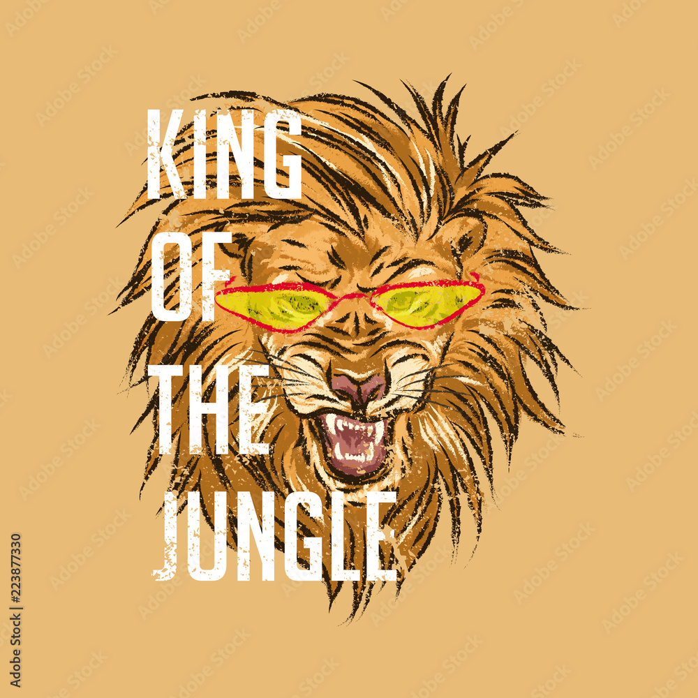 Obraz premium Lew w okularach z hasłem Król dżungli. Do druku, ubranek dla niemowląt, t-shirtów, dzieci lub papieru do pakowania. Odzież dziecięca