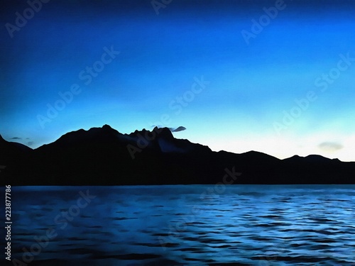 Oil painting. Art print for wall decor. Acrylic artwork. Big size poster. Watercolor drawing. Modern style fine art. Beautiful evening mountain landscape. Dark blue sky. Sunset view.