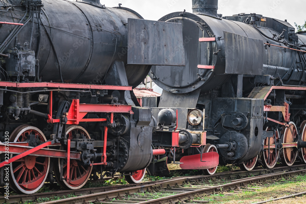 Old disused retro steam black train locomotives