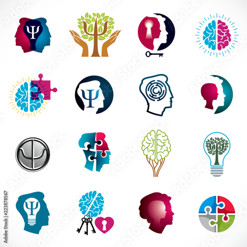 Psychology, brain and mental health vector conceptual icons or logos set. Relationship and gender psychology problems and conflicts, psychoanalysis and psychotherapy, personality and individuality.
