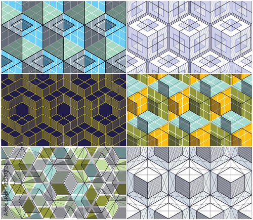 Geometric 3d lines abstract seamless patterns set, vector backgrounds cubes collection. Technology style engineering line drawing endless colorful illustration. Usable for fabric, wallpaper, wrapping.